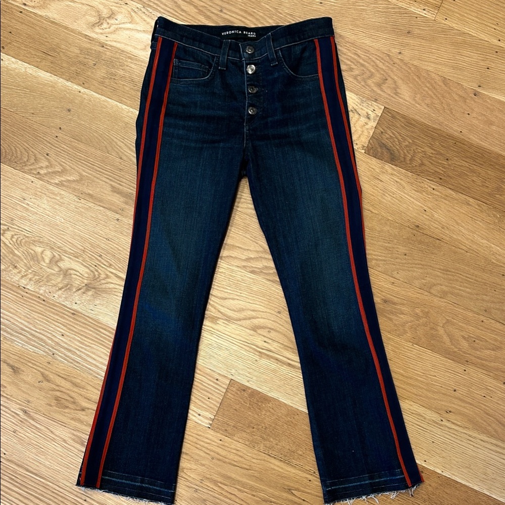 Veronica Beard Dark Flare Jeans with Red Stripes